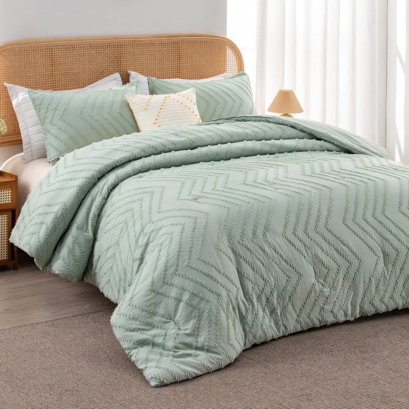 Litanika طقم لحاف Litanika Sage Green مقاس توأم/توأم مقاس XL، طقم لحاف معنقدة من قطعتين بوهو شيفرون، طقم سرير لجميع المواسم (لحاف مقاس 66 × 90 بوصة وغطاء وسادة واحد) - Image 2